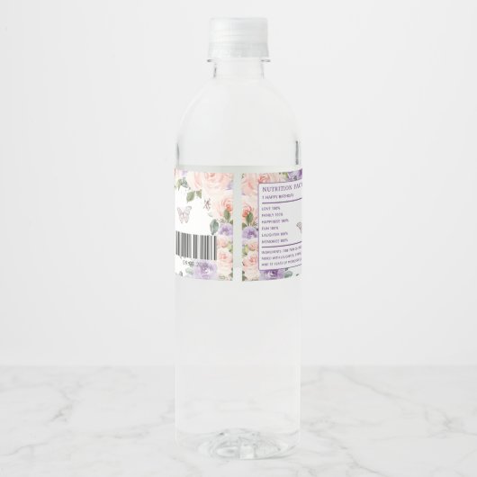 Quinceañera Blush Lila Bloemen Zilveren Vlinders Waterfles Etiket (Achterkant)