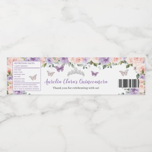 Quinceañera Blush Lila Bloemen Zilveren Vlinders Waterfles Etiket (Enkel label)