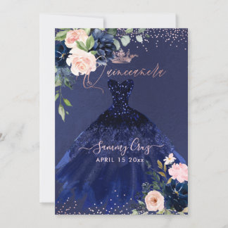 Quinceanera Blush Navy Blauwe Waterverf Bloemen Ui Kaart