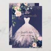 Quinceanera Blush Navy Blue Waterverf Flowers Inv Kaart (Voorkant / Achterkant)