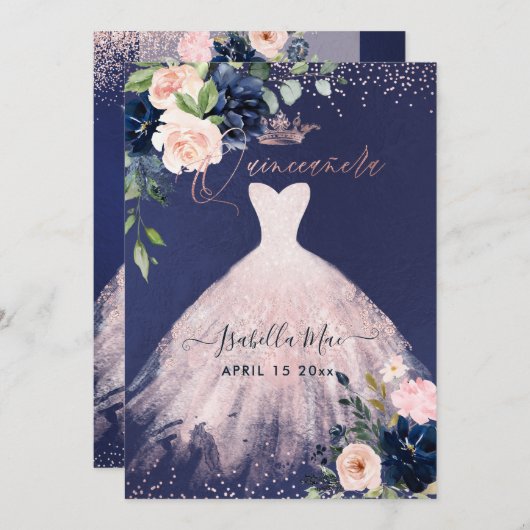 Quinceanera Blush Navy Blue Waterverf Flowers Inv Kaart (Voorkant / Achterkant)