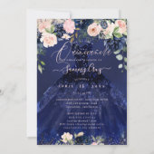 Quinceanera Blush Navy Blue Waterverf Flowers Inv Kaart (Achterkant)