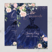 Quinceanera Blush Navy Blue Waterverf Flowers Inv Kaart (Voorkant / Achterkant)