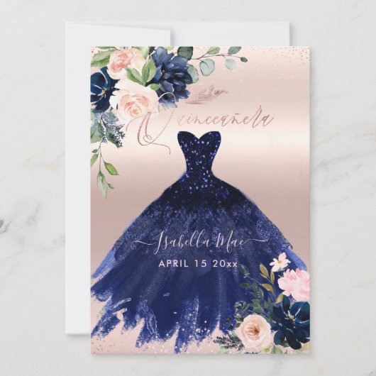 Quinceanera Blush Navy Blue Waterverf Flowers Kaart (Voorkant)