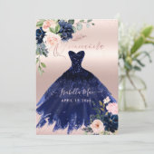 Quinceanera Blush Navy Blue Waterverf Flowers Kaart (Staand voorkant)