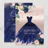 Quinceanera Blush Navy Blue Waterverf Flowers Kaart (Voorkant / Achterkant)