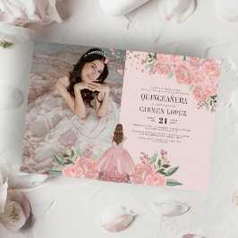 Quinceañera Blush Ping Gold Floral Princess Foto Kaart
