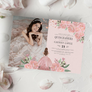 Quinceañera Blush Ping Gold Floral Princess Foto Kaart