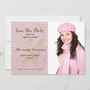 Quinceanera Blush Pink and Gold Butterfly Foto Save The Date