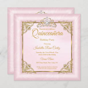 Quinceanera Blush Pink Damask foto Gold Tiara 2 Kaart