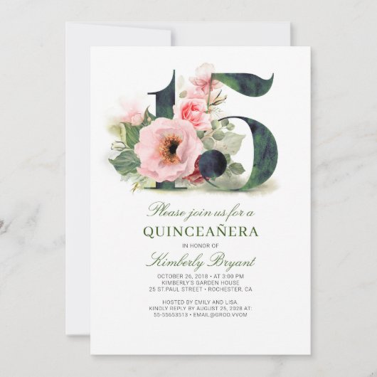 Quinceanera Blush Pink Floral 15th Birthday Kaart (Voorkant)