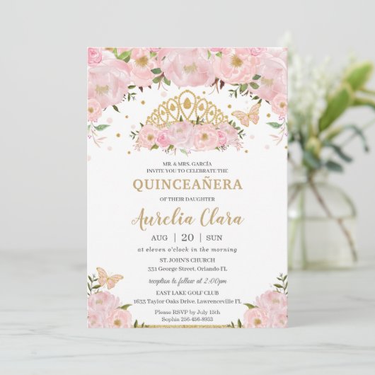 Quinceañera Blush Pink Floral Butterflies Tiara Kaart (Staand voorkant)