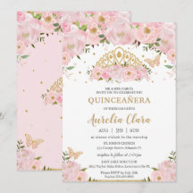 Quinceañera Blush Pink Floral Butterflies Tiara