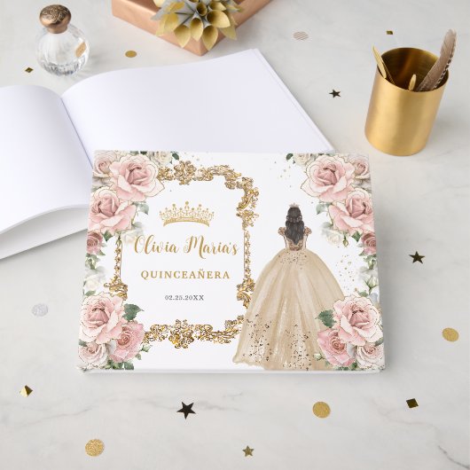Quinceanera Blush Pink Floral Champagne Gastenboek (Voorkant open)
