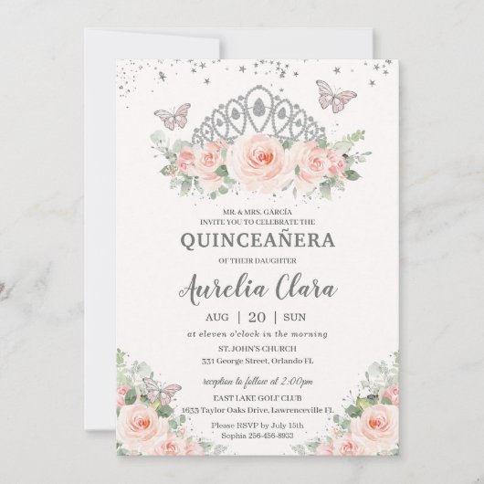 Quinceañera Blush Pink Floral Crown Butterflies Kaart (Voorkant)
