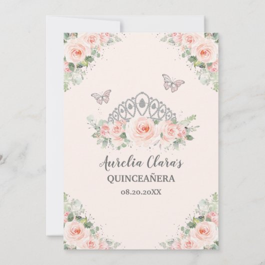 Quinceañera Blush Pink Floral Crown Butterflies Kaart (Achterkant)