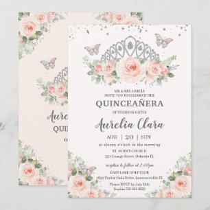 Quinceañera Blush Pink Floral Crown Butterflies Kaart