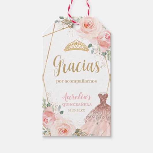 Quinceañera Blush Pink Floral Dress Birthday Favor Cadeaulabel (Voorkant)