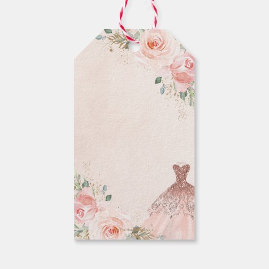 Quinceañera Blush Pink Floral Dress Birthday Favor Cadeaulabel (Achterkant)