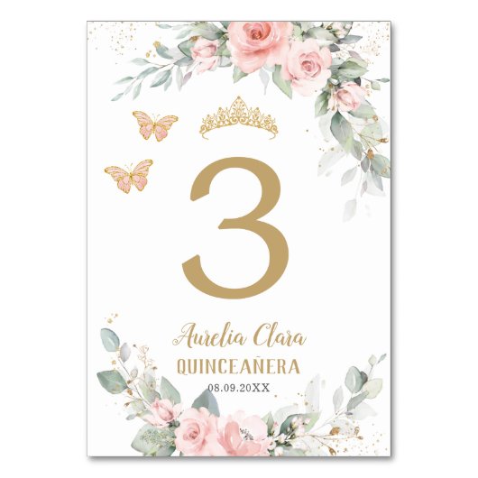 Quinceañera Blush Pink Floral Gold Butterflies Kaart (Achterkant)