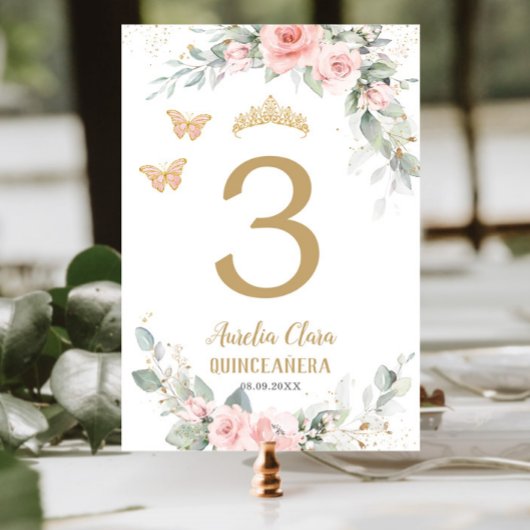 Quinceañera Blush Pink Floral Gold Butterflies Kaart