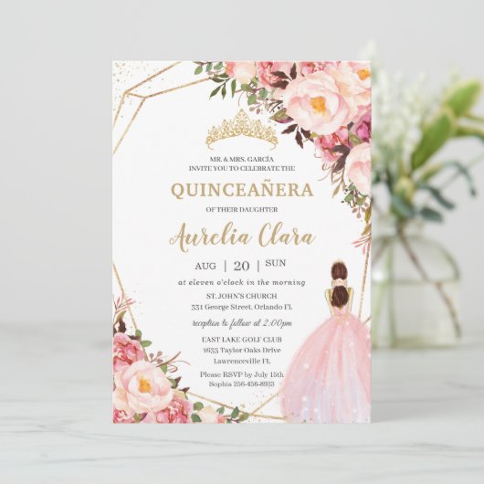 Quinceañera Blush Pink Floral Gold Princess Kaart (Staand voorkant)