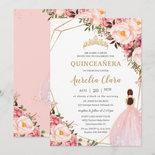 Quinceañera Blush Pink Floral Gold Princess Kaart (Voorkant / Achterkant)