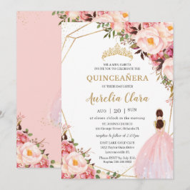 Quinceañera Blush Pink Floral Gold Princess Kaart