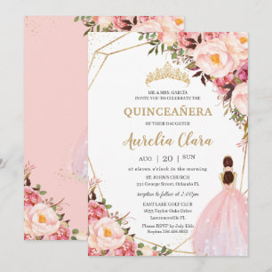 Quinceañera Blush Pink Floral Gold Princess Kaart