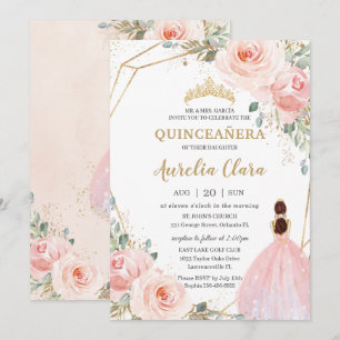 Quinceañera Blush Pink Floral Mis Quince Anos Inv Kaart