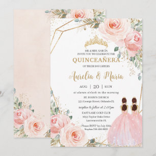 Quinceañera Blush Pink Floral Mis Quince XV Twins Kaart