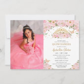 Quinceañera Blush Pink Floral Princess Crown Foto Kaart (Voorkant)