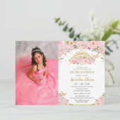 Quinceañera Blush Pink Floral Princess Crown Foto Kaart (Staand voorkant)