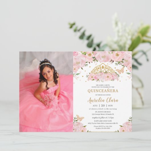 Quinceañera Blush Pink Floral Princess Crown Foto Kaart (Staand voorkant)