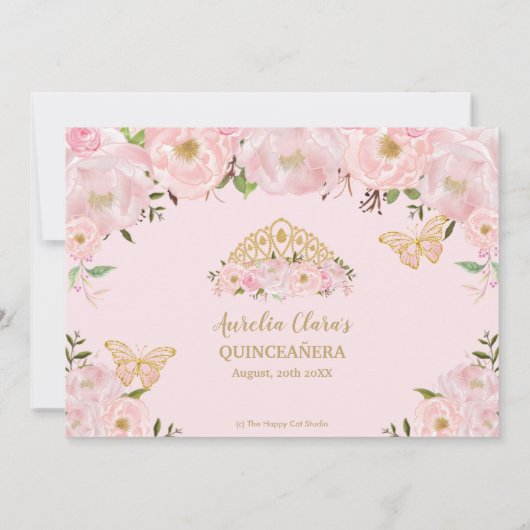 Quinceañera Blush Pink Floral Princess Crown Foto Kaart (Achterkant)