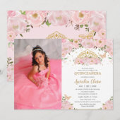 Quinceañera Blush Pink Floral Princess Crown Foto Kaart (Voorkant / Achterkant)