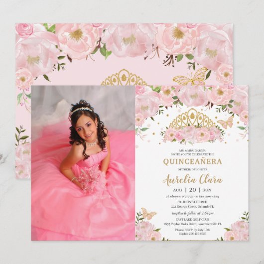 Quinceañera Blush Pink Floral Princess Crown Foto Kaart (Voorkant / Achterkant)
