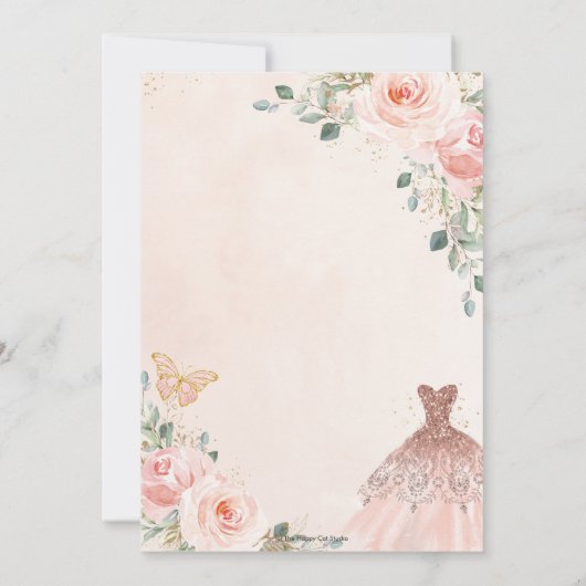 Quinceañera Blush Pink Floral Princess Gown Tiara Kaart (Achterkant)