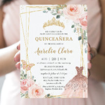 Quinceañera Blush Pink Floral Princess Gown Tiara