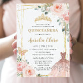 Quinceañera Blush Pink Floral Princess Gown Tiara Kaart