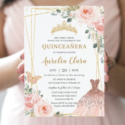 Quinceañera Blush Pink Floral Princess Gown Tiara Kaart
