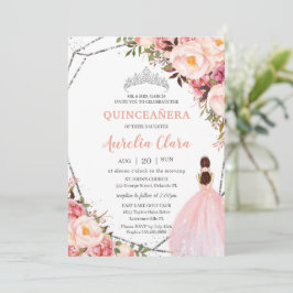 Quinceañera Blush Pink Floral Princess Silver Invi Kaart