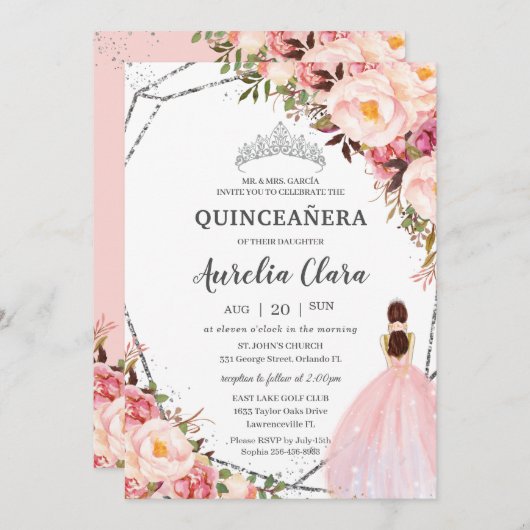Quinceañera Blush Pink Floral Princess Silver Kaart (Voorkant / Achterkant)