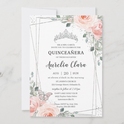 Quinceañera Blush Pink Floral Roos Butterfly Crown Kaart (Voorkant)
