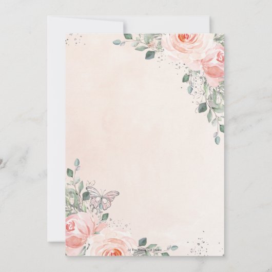 Quinceañera Blush Pink Floral Roos Butterfly Crown Kaart (Achterkant)