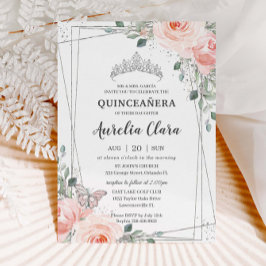 Quinceañera Blush Pink Floral Roos Butterfly Crown Kaart