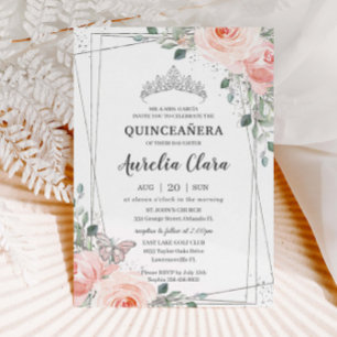 Quinceañera Blush Pink Floral Roos Butterfly Crown Kaart