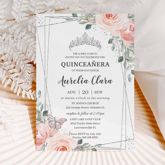 Quinceañera Blush Pink Floral Roos Butterfly Crown Kaart