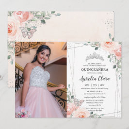 Quinceañera Blush Pink Floral Roos Butterfly Foto Kaart