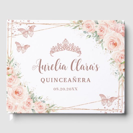 Quinceanera Blush Pink Floral Roos Gold Butterfly Gastenboek (Voorkant)